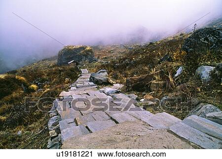Stock Image - Stone path at Machhapuchhare base camp, Annapurna Region, Nepal. Fotosearch