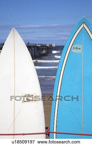 Stock Photo - Surfboards for sale, Saltburn-by-the-Sea, North Yorkshire, UK. Fotosearch