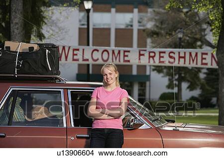 Picture - A woman arriving at college. Fotosearch