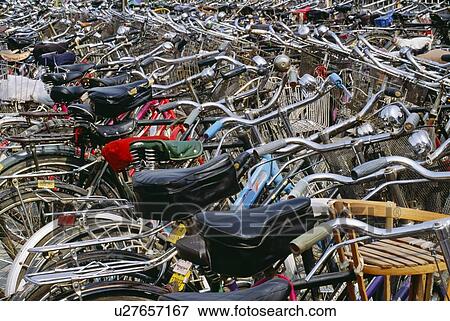 Bicycles parked in a row View Large Photo Image Stock Photo - Bicycles parked in a row. Fotosearch