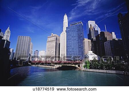 Chicago river and downtown in Chicago, Illinois, USA View Large Photo Image Stock Photo - Chicago river and downtown in Chicago, Illinois, USA . Fotosearch