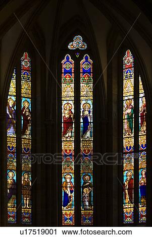 Stock Image - Gothic Stained Glass Windows in Spanish Church of San Severino, Balmaseda, The Basque Country, Spain . Fotosearch
