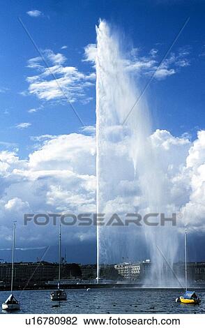 Stock Image - A fountain in Lake Geneva, Switzerland. Fotosearch