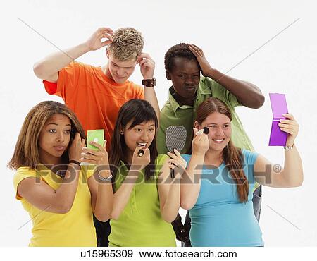 Group of teenagers primping View Large Photo Image Stock Photo - Group of teenagers primping. Fotosearch