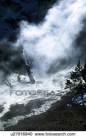 Stock Image - Steam rising from a river in Yellowstone National Park, Wyoming, USA. Fotosearch