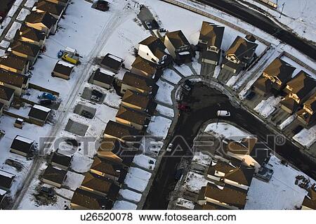Stock Photo - Aerial view of neighborhood in winter. Fotosearch