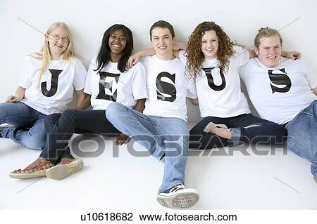 Five teenagers with t-shirts spelling Jesus View Large Photo Image Stock Image - Five teenagers with t-shirts spelling Jesus. Fotosearch