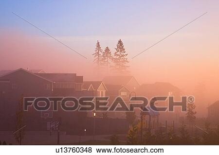 Houses in fog at sunrise, Portland, oregon, USA View Large Photo Image Stock Photo - Houses in fog at sunrise, Portland, oregon, USA. Fotosearch