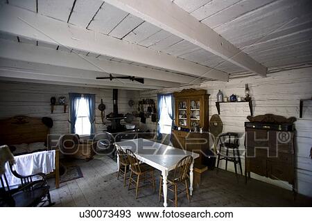 Stock Image - Interior of old fashioned cabin, Fort Edmonton, Alberta, Canada. Fotosearch