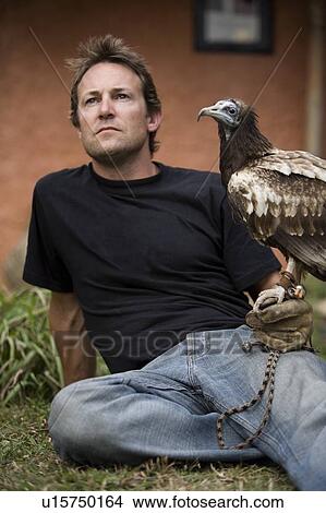 Picture - Man with Egyptian vulture (Neophron percnopterus), Pokhara, Nepal. Fotosearch