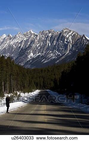 Person beside the highway in the Maligne Mountain Range, Alberta, Canada View Large Photo Image Stock Image - Person beside the highway in the Maligne Mountain Range, Alberta, Canada. Fotosearch