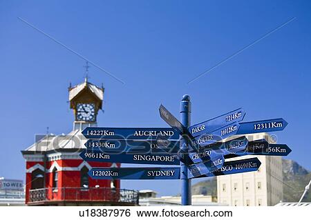 Stock Photograph - Signpost, Cape Town Wharf, South Africa . Fotosearch