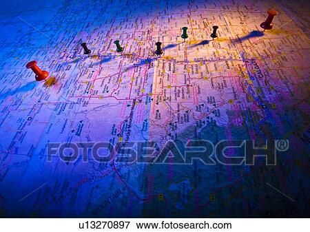 Thumb tacks on a map View Large Photo Image Stock Photo - Thumb tacks on a map. Fotosearch