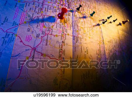 Thumb tacks on a map View Large Photo Image Stock Photo - Thumb tacks on a map. Fotosearch