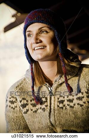Woman wearing toque and sweater View Large Photo Image Stock Photography - Woman wearing toque and sweater. Fotosearch