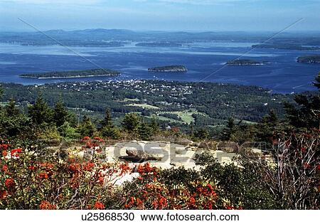 Stock Image - Acadia National Park, Maine, USA; Cadillac Mountain overlooking a coastal town. Fotosearch