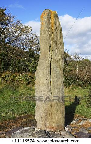 Picture - Caherdaniel Ogham Stone, Co Kerry, Ireland; Ancient inscription on stone. Fotosearch