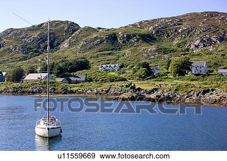 Stock Photo - Colonsay, Scotland; View of boat anchored near village. Fotosearch