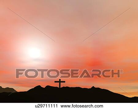 Stock Image - Crucifixion; A cross with a red sky. Fotosearch