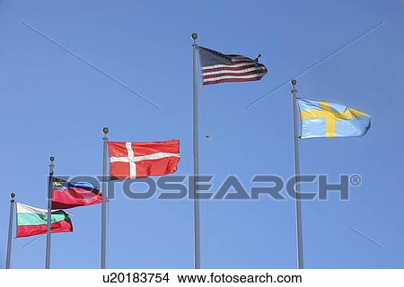 Picture - Flags of Bulgaria, Liechtenstein, Denmark, United States and Sweden; Flags flapping in the wind. Fotosearch