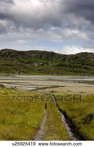 Stock Photo - Islay, Scotland; Tire tracks down to a beach. Fotosearch