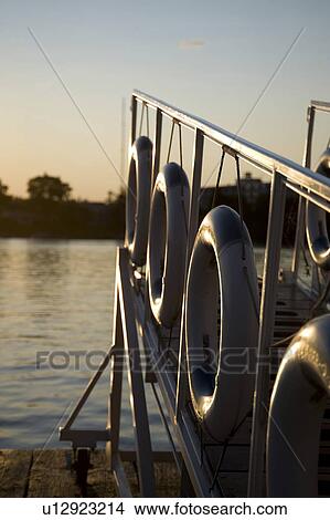 Picture - Kenora, Lake of the Woods, Ontario, Canada; Life preservers hanging on a dockside gangway. Fotosearch
