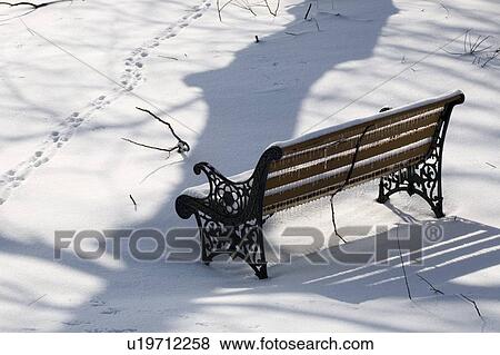 Park bench covered in snow View Large Photo Image Stock Photo - Park bench covered in snow. Fotosearch