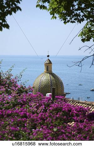 Positano, Campania, Italy; The Mojolica Dome of the Santa Maria Assunta View Large Photo Image Stock Photo - Positano, Campania, Italy; The Mojolica Dome of the Santa Maria Assunta. Fotosearch