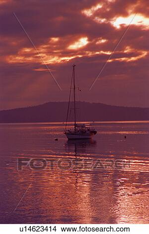 Picture - Sailboat at anchor with cloudy evening. Fotosearch