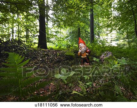 Stock Photograph - A Garden gnome in the woods. Fotosearch