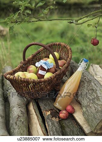 Apples in basket with jar and juice View Large Photo Image Stock Photo - Apples in basket with jar and juice. Fotosearch