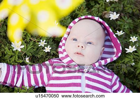 Stock Image - baby lying in grass beneath toy windmill. Fotosearch