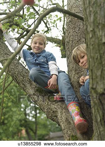Stock Photo - Boy and girl in tree. Fotosearch