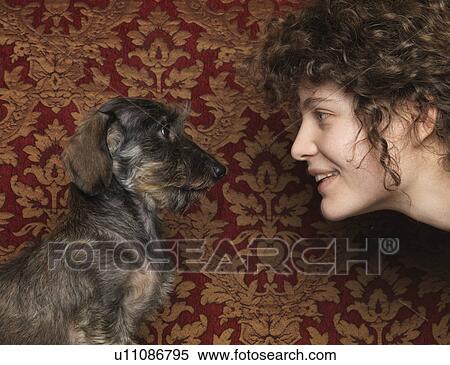 Dog and woman looking at each other View Large Photo Image Stock Photography - Dog and woman looking at each other. Fotosearch