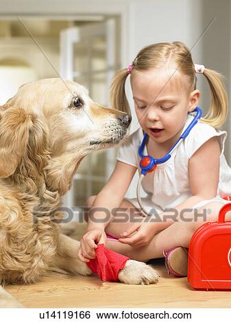 Girl playing doctor with dog View Large Photo Image Stock Photograph - Girl playing doctor with dog. Fotosearch