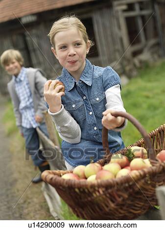 Girl with apple basket eating apples View Large Photo Image Stock Photo - Girl with apple basket eating apples. Fotosearch