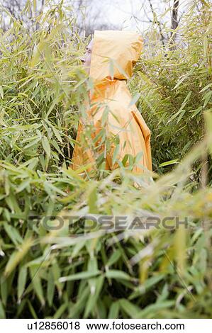 Stock Photo - man in raincoat wading through plants. Fotosearch