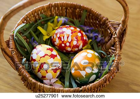 Stock Image - painted easter eggs in basket. Fotosearch
