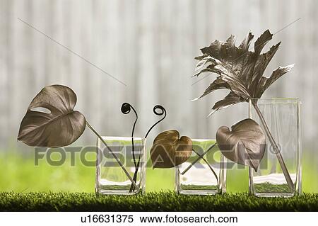 Stock Photography - Silver and gold leaves in vases. Fotosearch