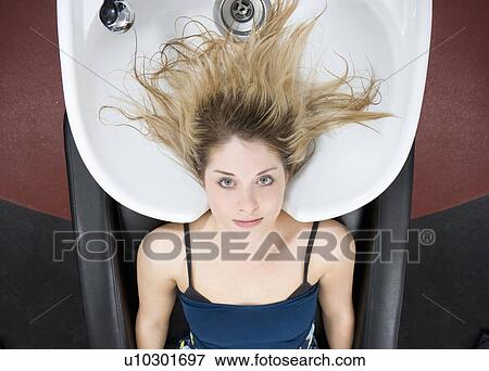 woman at sink at hairdressers View Large Photo Image Stock Photo - woman at sink at hairdressers. Fotosearch