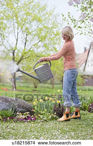 woman watering garden flowers View Large Photo Image Picture - woman watering garden flowers. Fotosearch