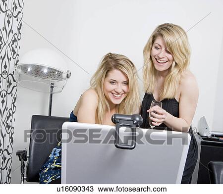 women at hairdressers with web cam View Large Photo Image Stock Image - women at hairdressers with web cam. Fotosearch