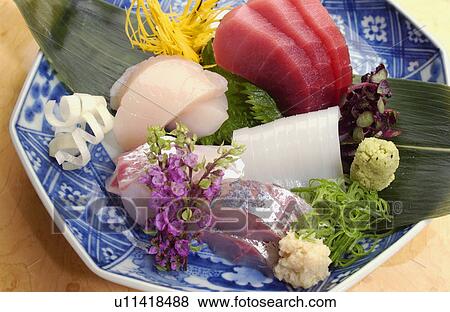 Assorted slices of raw fish on plate, close up View Large Photo Image Stock Photo - Assorted slices of raw fish on plate, close up. Fotosearch