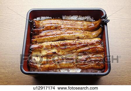 Picture - Broiled eel on rice in box. Fotosearch