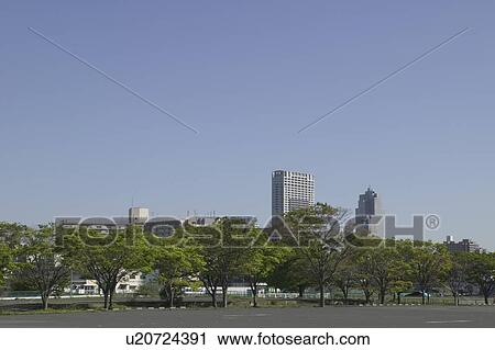 Stock Image - Cityscape under blue sky, copy space, Tokyo prefecture, Japan. Fotosearch