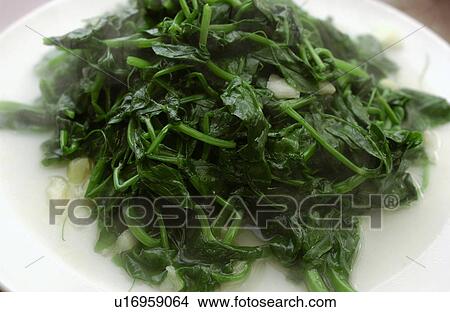 Picture - Cooked spinach on plate, close up. Fotosearch