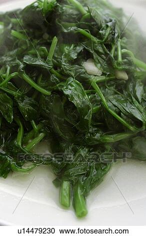 Stock Image - Cooked spinach on plate, close up. Fotosearch