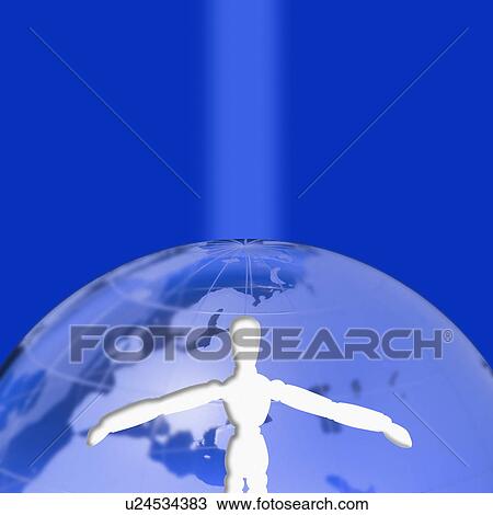 Stock Image - Figurine in front of globe. Fotosearch