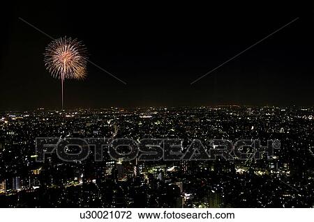 Fireworks over city skyline, Tokyo Prefecture, Japan View Large Photo Image Stock Image - Fireworks over city skyline, Tokyo Prefecture, Japan. Fotosearch