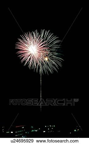 Stock Photo - Fireworks over city skyline, Tokyo Prefecture, Honshu, Japan. Fotosearch